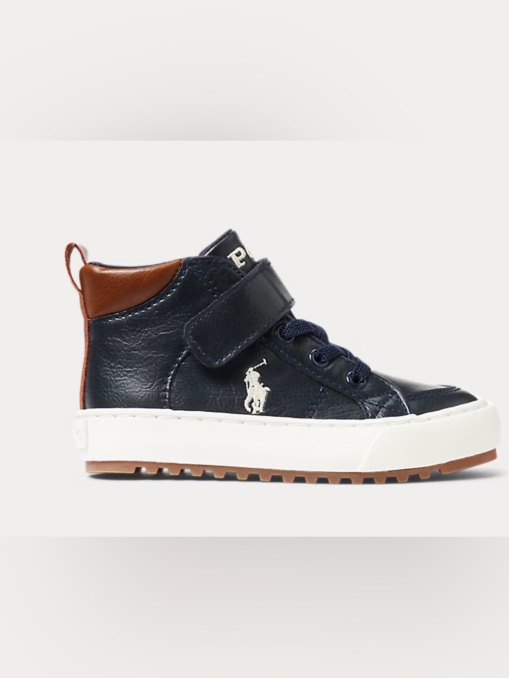 Polo Ralph Lauren Jaxson Navy & Brown Toddler High-Top leather Sneaker. Size 6.5